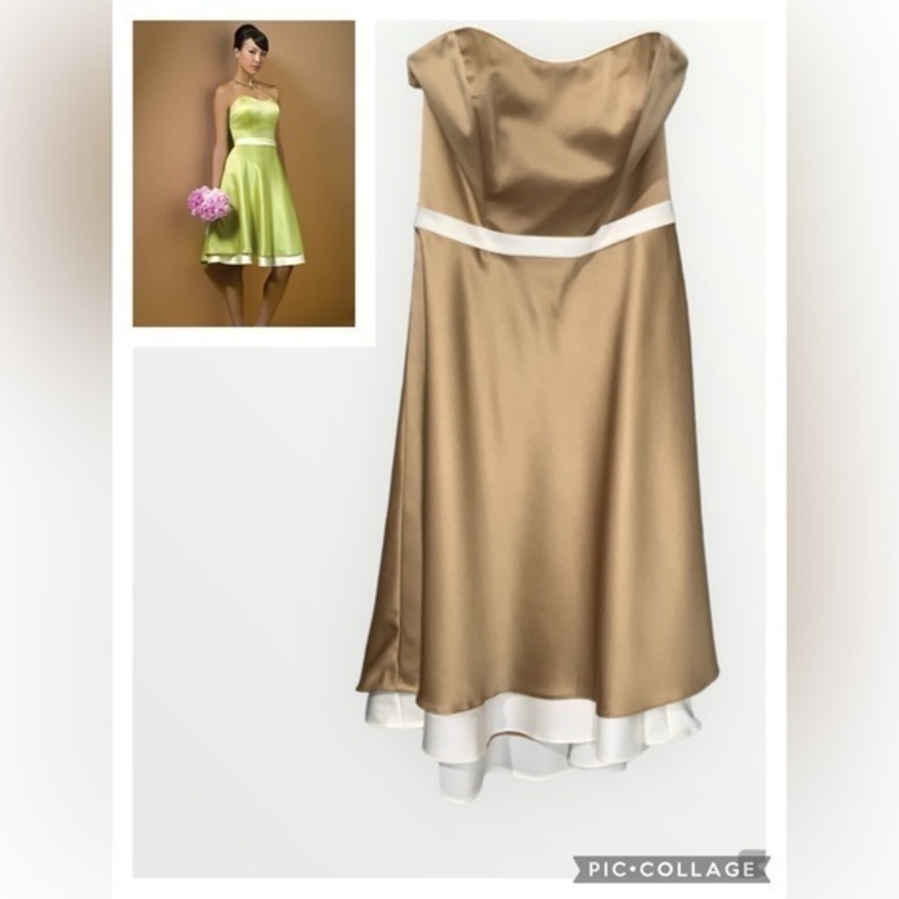 Alfred Angelo Cocktail Length Satin Strapless Gold & Cream Prom Formal Dress 8